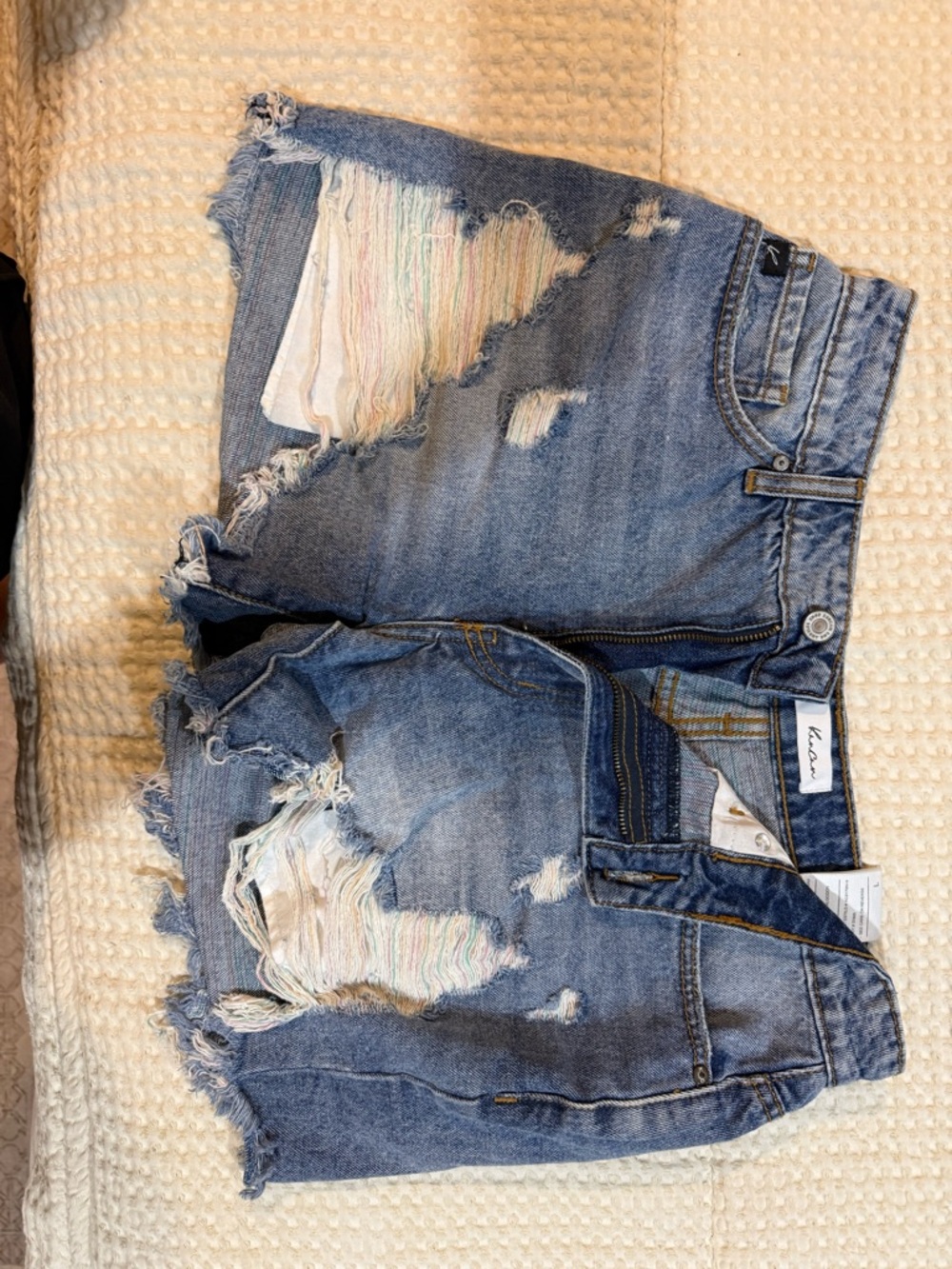 KanCan Light Blue Distressed Denim Jean Shorts with Multicolor Patch